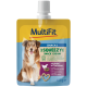 MultiFit Squeezy Snack Cream pouch for dogs, chicken with chia seeds, 60 g, shows happy dog and heart-shaped treat.