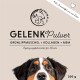 GelenkPulver Verpackung mit einer Nahaufnahme des Gesichts eines Hundes, mit Text, der die Inhaltsstoffe hervorhebt: Grünlippmuschel, Kollagen und MSM.