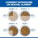 Quatre bols de nourriture pour animaux montrant l'introduction progressive de la nouvelle nourriture : 25 % jours 1-2, 50 % jours 3-4, 75 % jours 5-6, 100 % jour 7.