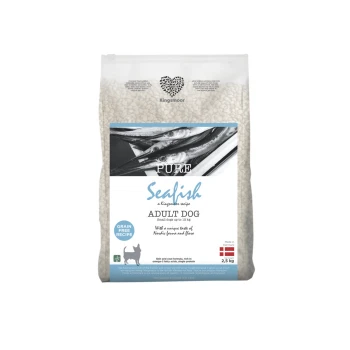 Ein 2,5 kg Sack Kingsmoor Pure Sealish Hundefutter, das ein getreidefreies Rezept für erwachsene Hunde bis zu 10 kg enthält, mit Bildern von Fischen auf der Vorderseite.