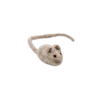 Ein kleines, handgemachtes Filzmausspielzeug für Haustiere, mit einem beigen Körper, schwarzen Augen und einem langen Schwanz.
