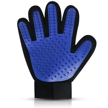 Blaue Haustierpflegehandschuh mit strukturierter Oberfläche und schwarzem Handgelenkband, entworfen für effektive Fellentfernung und Haustierpflege.