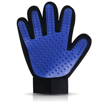 Blaue Haustierpflegehandschuh mit strukturierter Oberfläche und schwarzem Handgelenkband, entworfen für effektive Fellentfernung und Haustierpflege.