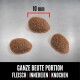 Trzy kawałki karmy dla zwierząt na metalowej powierzchni, każdy o średnicy 10 mm, z tekstem 'GANZE BEUTE PORTION FLEISCH | INNEREIEN | KNOCHEN' poniżej.