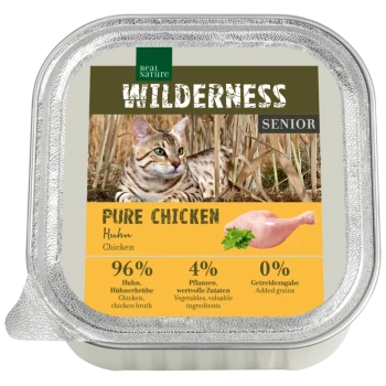Real Nature Wilderness Senior Katzenfutter, reines Huhn, 96 % Hühnerbrühe, 4 % Gemüse, 0 % zugesetzte Getreide.