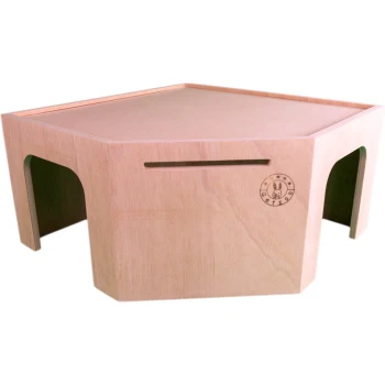 Sechseckiges Holzhaustierhaus mit glatter Oberfläche, mit Schlitz- und Ausschnitt-Eingängen, mit "Getzoo"-Logo.