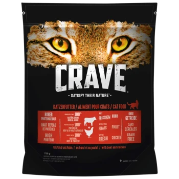Zwarte hondenvoedselzak met het gezicht van een tijger, gelabeld 'CRAVE - Voldoen aan hun natuur,' met details over hoog eiwit, vers rundvlees en kip.