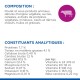 Emballage de nourriture pour animaux montrant les ingrédients : poulet, sous-produits animaux, ingrédients végétaux et analyse nutritionnelle (protéines, graisses, vitamines).