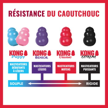 Infographie « RÉSISTANCE DU CAOUTCHOUC » : KONG Puppy, Senior, Classic, Extreme sur une échelle « SOUPLE → RIGIDE », avec étiquettes de niveau de mastication.