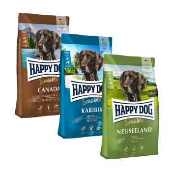 Drei Beutel Happy Dog Sensible Hundefutter: Kanada (Lachs, Kaninchen), Karibik (Seefisch) und Neuseeland (Lamm), jeweils 11 kg.