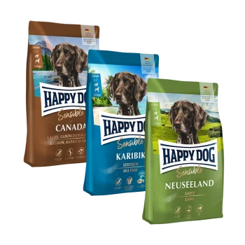 Drei Beutel Happy Dog Sensible Hundefutter: Kanada (Lachs, Kaninchen), Karibik (Seefisch) und Neuseeland (Lamm), jeweils 11 kg.