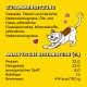 Chat de dessin animé sur fond jaune avec du texte sur la composition de la nourriture pour animaux : pourcentages de protéines, de matières grasses et de fibres.