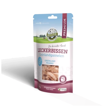 Ein Paket von BELLFOR Premium-Tiersnacks mit gefriergetrockneten Grönlandgarnelen, beschriftet mit "LECKERBISSEN", mit einem Gewicht von 150 g.