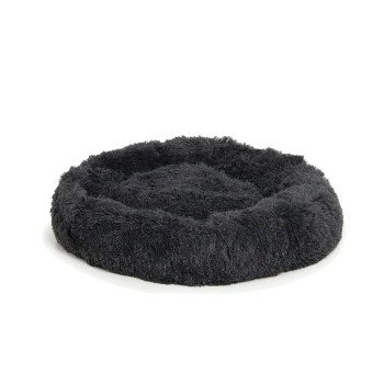 Rundes, flauschiges schwarzes Haustierbett mit einer weichen Textur, entworfen für Komfort und Entspannung für Haustiere.