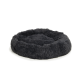 Rundes, flauschiges schwarzes Haustierbett mit einer weichen Textur, entworfen für Komfort und Entspannung für Haustiere.