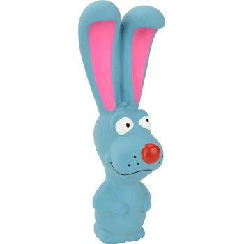 Niebieska gumowa zabawka dla psa w kształcie kreskówkowego królika z dużymi różowymi uszami i czerwonym nosem.