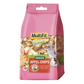 Rosa MultiFit Nature Snack-Tüte mit Aufschrift 'SNACKS APFEL-CHIPS' (Apfelchips), zeigt Kaninchen, Hamster, Meerschweinchen und Chinchilla.