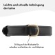 Schwarzes Haustierhalsband mit einem D-Ring für eine einfache Leinenbefestigung, mit deutschem Text, der die schnelle und einfache Verwendung hervorhebt.