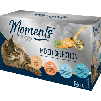 Boîte de nourriture pour chats 'Moments to enjoy' Sélection mixte, chat tigré, cuillère de nourriture humide, badge Quality Filet, 12x40 g