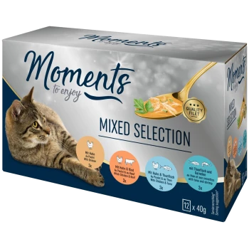 Katzenfutterbox 'Moments to enjoy' Gemischte Auswahl, getigerte Katze, Löffel mit Nassfutter, 'Quality Filet'-Abzeichen, 12x40 g.