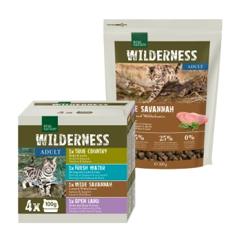Verpackung für Real Nature Wilderness Katzenfutter: eine Box mit vier 100g Portionen und einem 300g Beutel, mit Huhn-, Lachs- und Lammgeschmack.