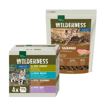 Verpackung für Real Nature Wilderness Katzenfutter: eine Box mit vier 100g Portionen und einem 300g Beutel, mit Huhn-, Lachs- und Lammgeschmack.