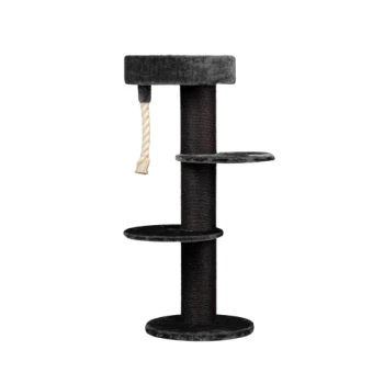 Schwarzer Katzenbaum mit drei Plattformen, einer oberen Sitzgelegenheit und einem hängenden Seilspielzeug. Ideal zum Klettern und Kratzen.