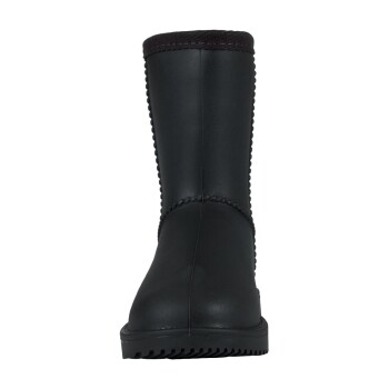 Schwarze wasserdichte Haustierstiefel mit einer strukturierten Sohle und geflochtenem Rand, entworfen für den Außeneinsatz.