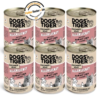 Sechs Dosen DOGS'n TIGER Katzenfutter, beschriftet mit "ALLERLIEBST," mit Rindfleisch und Kürbis, mit 70% Fleischgehalt.