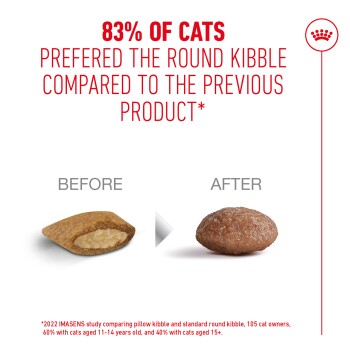 83% of cats preferred the round kibble over the previous pillow-shaped kibble, study details included.