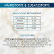 „NÄHRSTOFFE & ZUSATZSTOFFE“ Fütterungsangaben (Deutsch): Feuchtigkeit 80%, Protein 12,5%, Fett 2,5%, Rohasche 2,5%, Rohfaser 0,5%.
