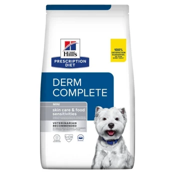 Sac de nourriture pour chiens Hill's Prescription Diet Derm Complete Mini, présentant un petit chien blanc à l'avant, étiqueté pour les soins de la peau et les sensibilités alimentaires.