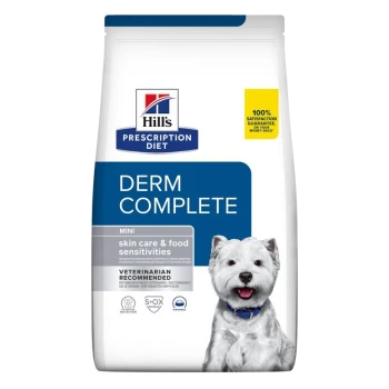 Hill's Prescription Diet Derm Complete Mini Hundefutterbeutel, mit einem kleinen weißen Hund auf der Vorderseite, beschriftet für Hautpflege und Nahrungsmittelunverträglichkeiten.