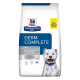 Hill's Prescription Diet Derm Complete Mini Hundefutterbeutel, mit einem kleinen weißen Hund auf der Vorderseite, beschriftet für Hautpflege und Nahrungsmittelunverträglichkeiten.