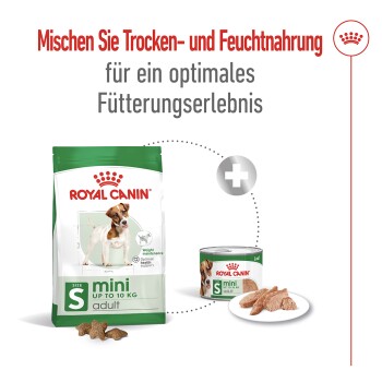 Royal Canin Hundefutterverpackung für kleine Hunde (bis zu 10 kg) mit Trocken- und Nassfutter und einem Mischvorschlag für eine optimale Fütterung.