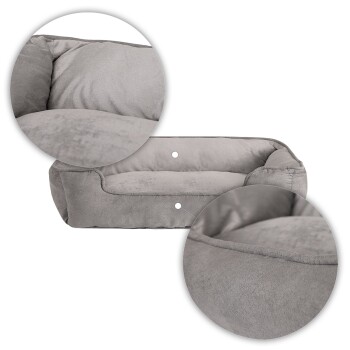 Graues Haustierbett aus plüschigem Stoff, mit gepolstertem Design und abgerundeten Kanten, gezeigt mit Nahaufnahmen der Textur.