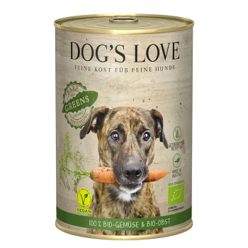 Nassfutter Hund, Adult, Greens Bio, Obst und Gemüse 6x400 g Eine Dose "DOG'S LOVE" Haustierfutter mit einem Hund, der eine Karotte hält, gekennzeichnet als vegan und aus 100% biologischen Gemüse und Früchten.