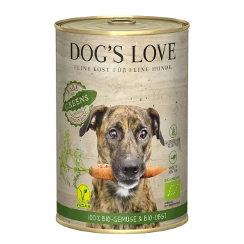 Eine Dose "DOG'S LOVE" Haustierfutter mit einem Hund, der eine Karotte hält, gekennzeichnet als vegan und aus 100% biologischen Gemüse und Früchten.