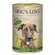 Eine Dose "DOG'S LOVE" Haustierfutter mit einem Hund, der eine Karotte hält, gekennzeichnet als vegan und aus 100% biologischen Gemüse und Früchten.