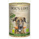 Eine Dose "DOG'S LOVE" Haustierfutter mit einem Hund, der eine Karotte hält, gekennzeichnet als vegan und aus 100% biologischen Gemüse und Früchten.