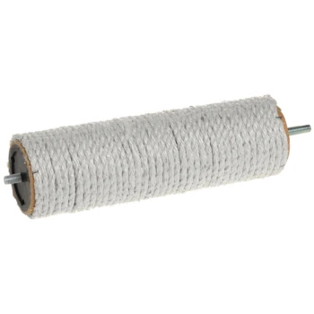 Cylindryczny słupek do drapania owinięty naturalnym sznurkiem sizalowym, zaprojektowany dla kotów, z metalowymi końcami do bezpiecznego mocowania.