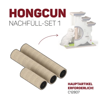 Hongcun Ersatzset mit drei Kratzpfosten für einen Katzenbaum, mit einer spielenden Katze. Text: "HAUPTARTIKEL ERFORDERLICH!"