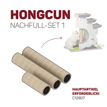 Hongcun Ersatzset mit drei Kratzpfosten für einen Katzenbaum, mit einer spielenden Katze. Text: "HAUPTARTIKEL ERFORDERLICH!"