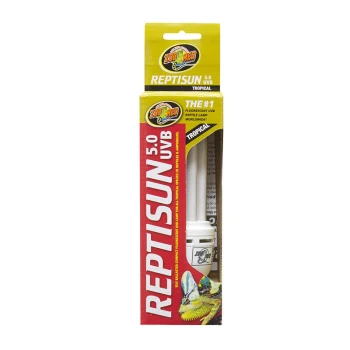 ReptiSun Compact 5.0 Reptisun 5.0 UVB-Lampenverpackung mit Chamäleon-Illustration, beschriftet "Tropical" und "Die #1 Fluorescent UVB Reptilienlampe."
