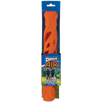 Bâton de lancer Chuckit! Air orange pour chiens, grande taille, avec emballage montrant un chien et le texte « Fetch Hard Breathe Easy. »