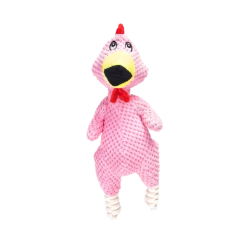 Ein niedliches pinkes Plüschtier in Form eines Vogels, mit einem gelben Schnabel, rotem Schal und großen Augen, perfekt für Haustiere.