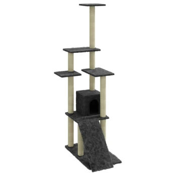Ein hoher, mehrstöckiger Katzenbaum in Schwarz und Beige, mit Kratzpfosten, Plattformen und einem gemütlichen Versteck an der Basis.