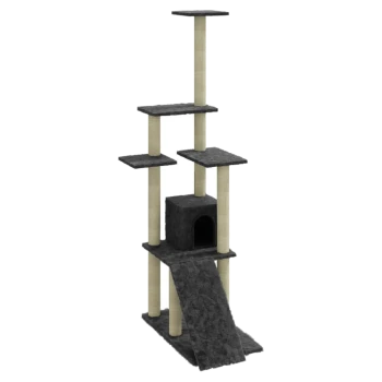 Ein hoher, mehrstöckiger Katzenbaum in Schwarz und Beige, mit Kratzpfosten, Plattformen und einem gemütlichen Versteck an der Basis.