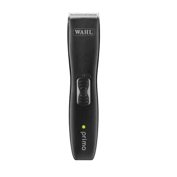 Schermaschine Prima Schwarzer Haustierpflegeclipper mit einer silbernen Klinge, mit dem Markennamen 'WAHL' und dem Modell 'prima' am Griff.