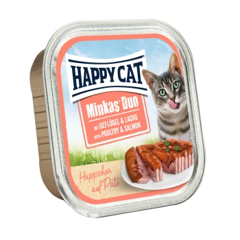 Happy Cat Minkas Duo Katzenfutterverpackung mit einer verspielten getigerten Katze, mit dem Text 'mit Geflügel & Lachs' und 'with Poultry & Salmon.'